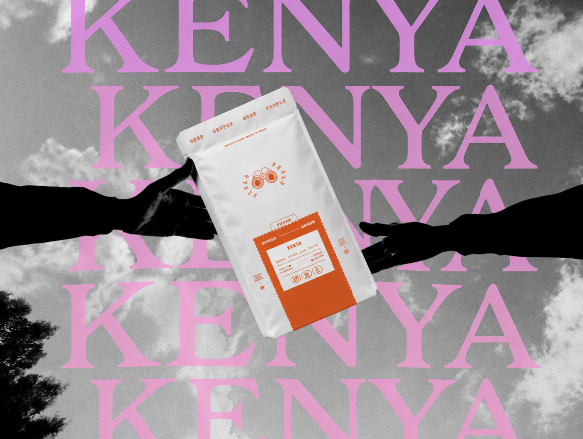 Field Coffee Kenya – current orange-label bag passed between silhouetted hands, with KENYA lettering