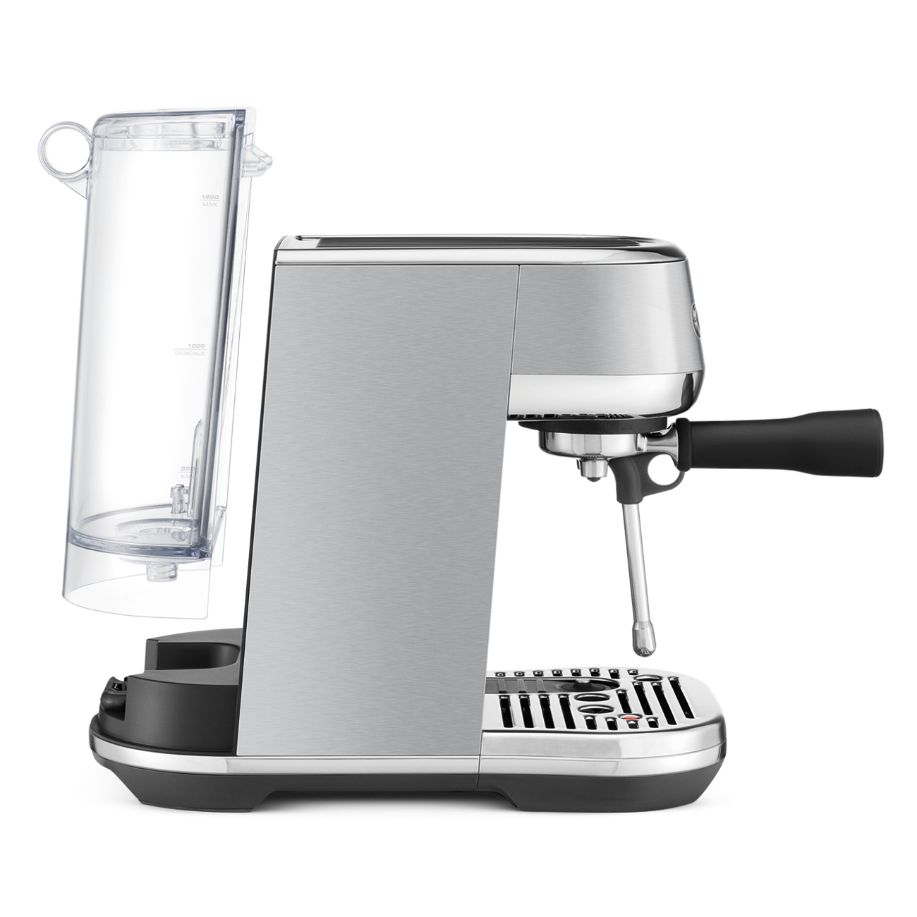 Sage Bambino Plus side profile with swing-out water tank, Brushed Stainless Steel