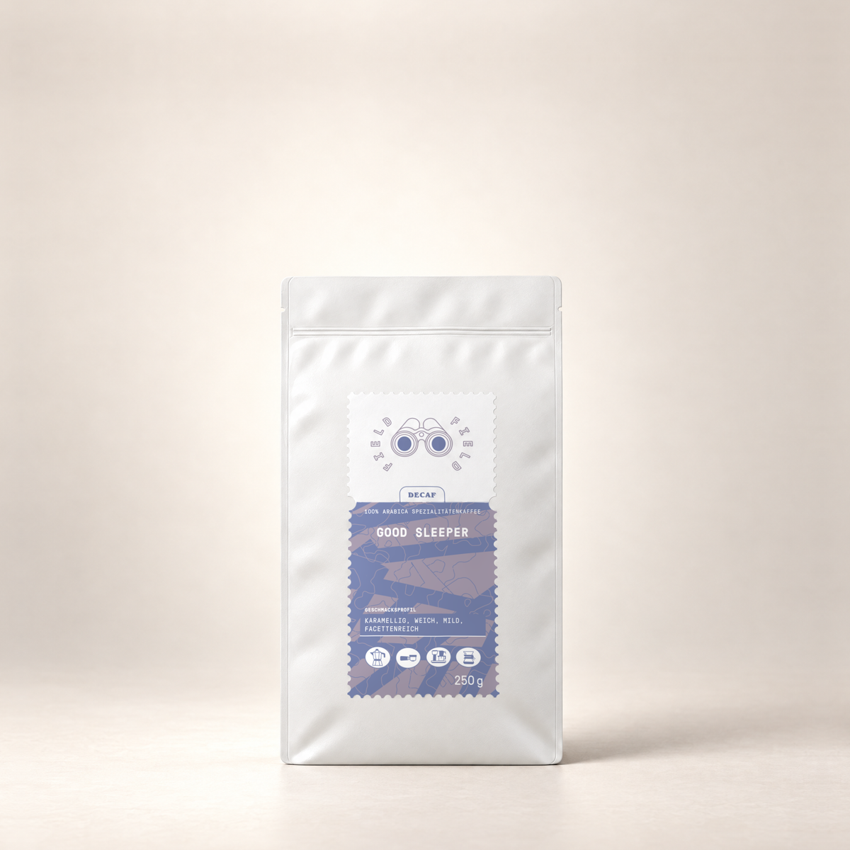 Field Coffee good sleeper 250g – Beutel, Vorderansicht auf warmweißem Hintergrund