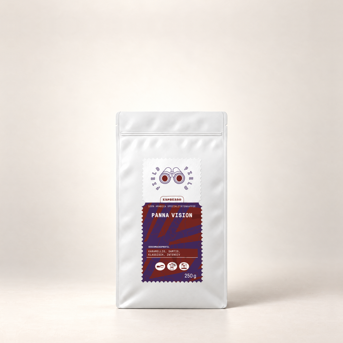 Field Coffee panna vision 250g – Beutel, Vorderansicht auf warmweißem Hintergrund