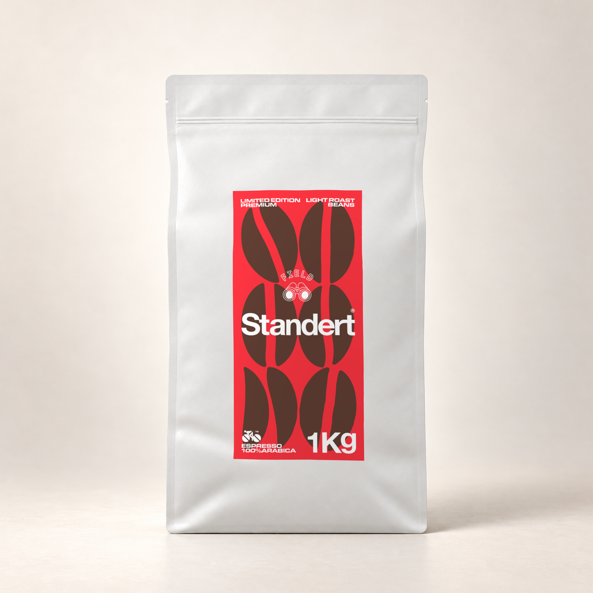 Standert x Field Coffee 1kg in a white bag with original red and brown rectangular label