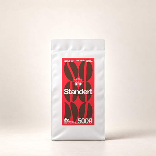 Standert x Field Coffee 500g in a white bag with original red and brown rectangular label