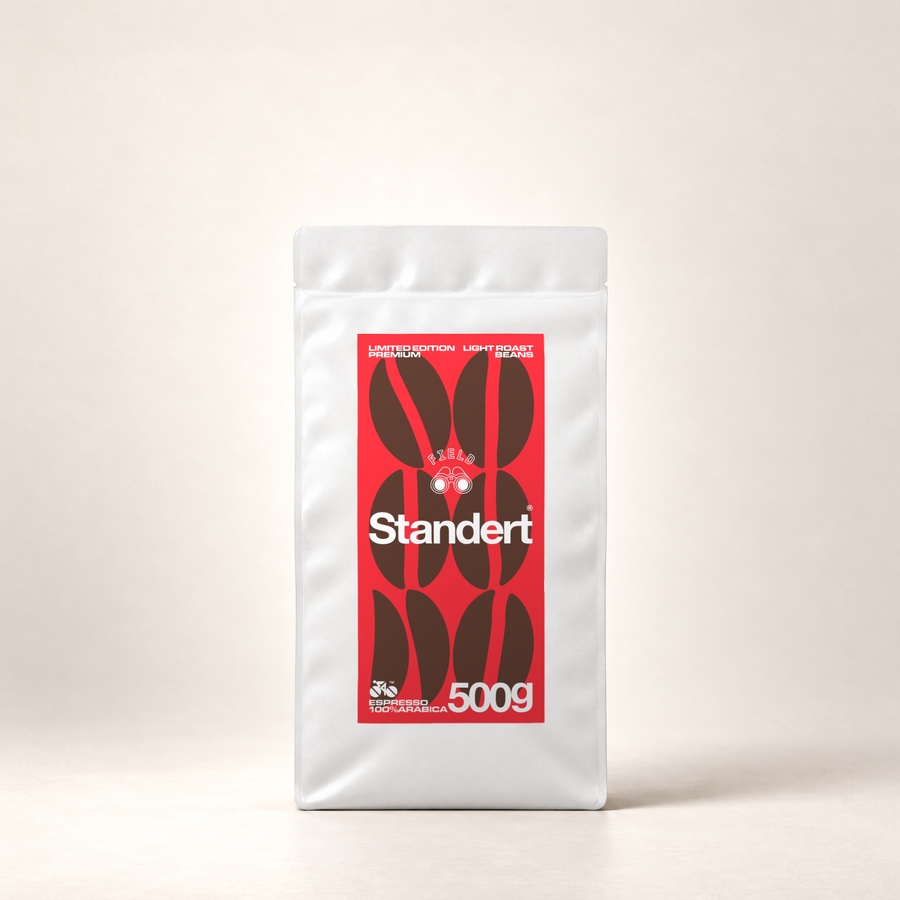 Standert x Field Coffee 500g in a white bag with original red and brown rectangular label